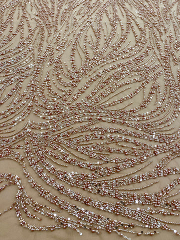 Dantela Couture Auriu Rose cu Model Liniar, cu Margele si Paiete