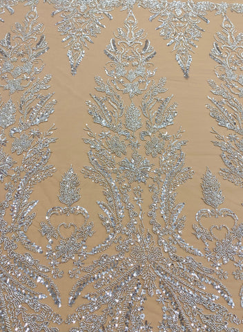 Dantela Couture Argintie pe Tulle Nude, cu Model Floral, cu Margele si Paiete