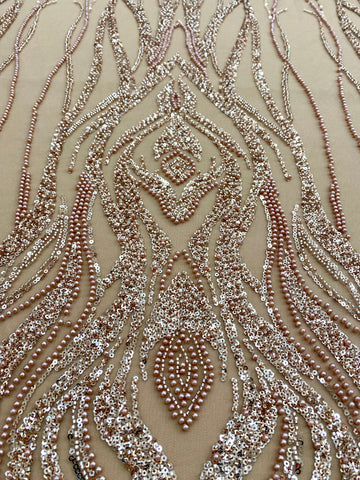 Dantela Couture Auriu Rose cu Model Geometric, cu Perle, Margele si Paiete