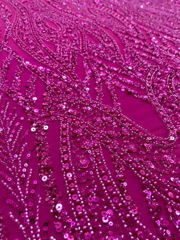 Dantela Couture Fucsia cu Model Geometric, cu Perle, Margele si Paiete