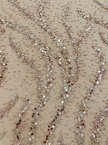 Dantela Couture Auriu Rose cu Perle, Margele si Paiete