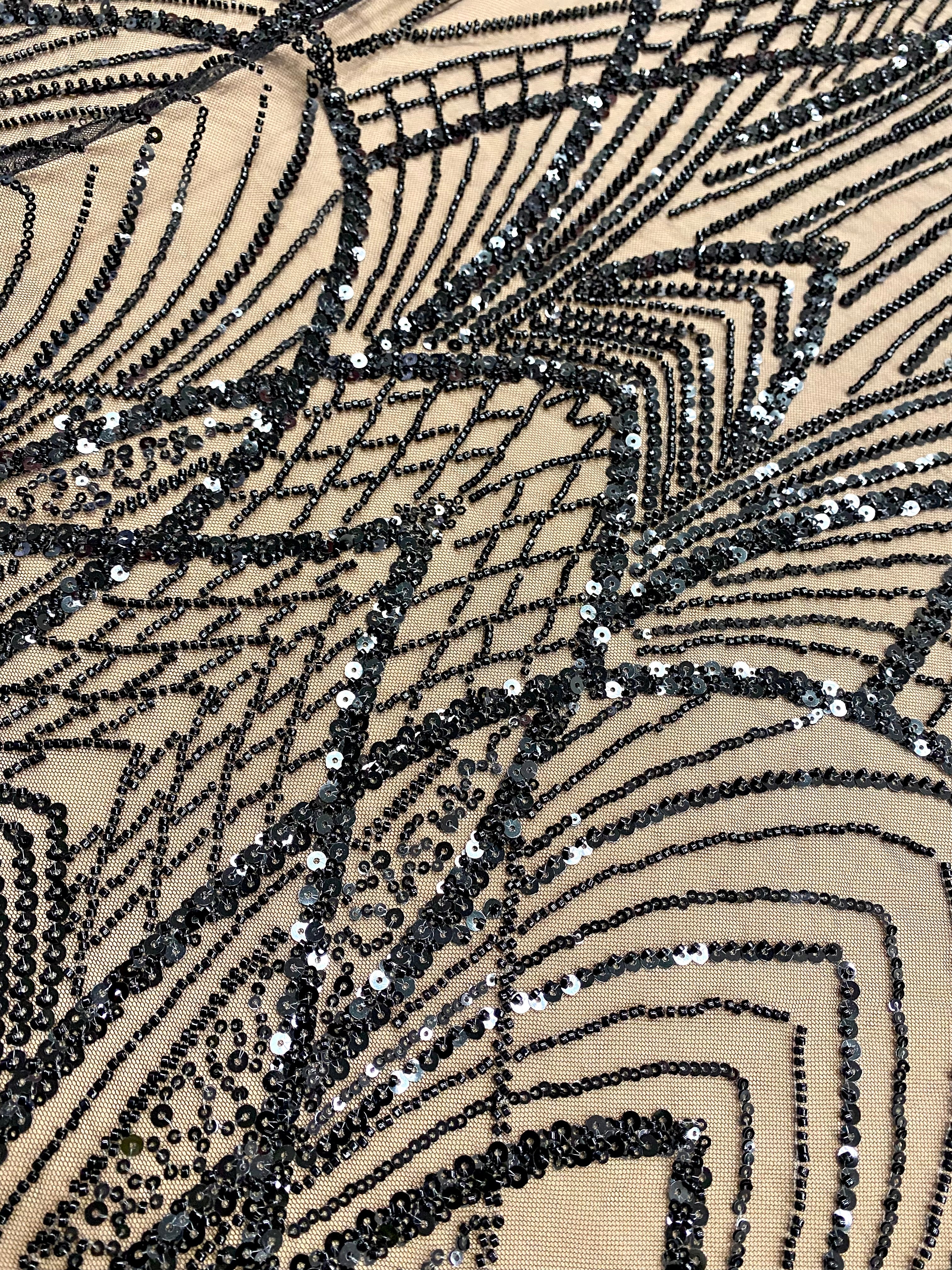 Dantela Couture Neagra cu Panou, cu Margele si Paiete