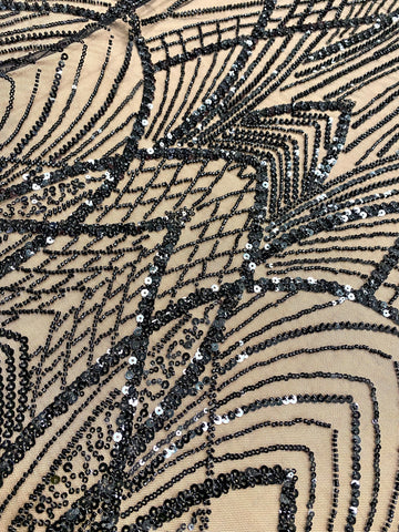 Dantela Couture Neagra cu Panou, cu Margele si Paiete