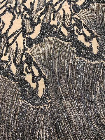Dantela Couture Neagra cu Model Geometric, cu Margele si Paiete