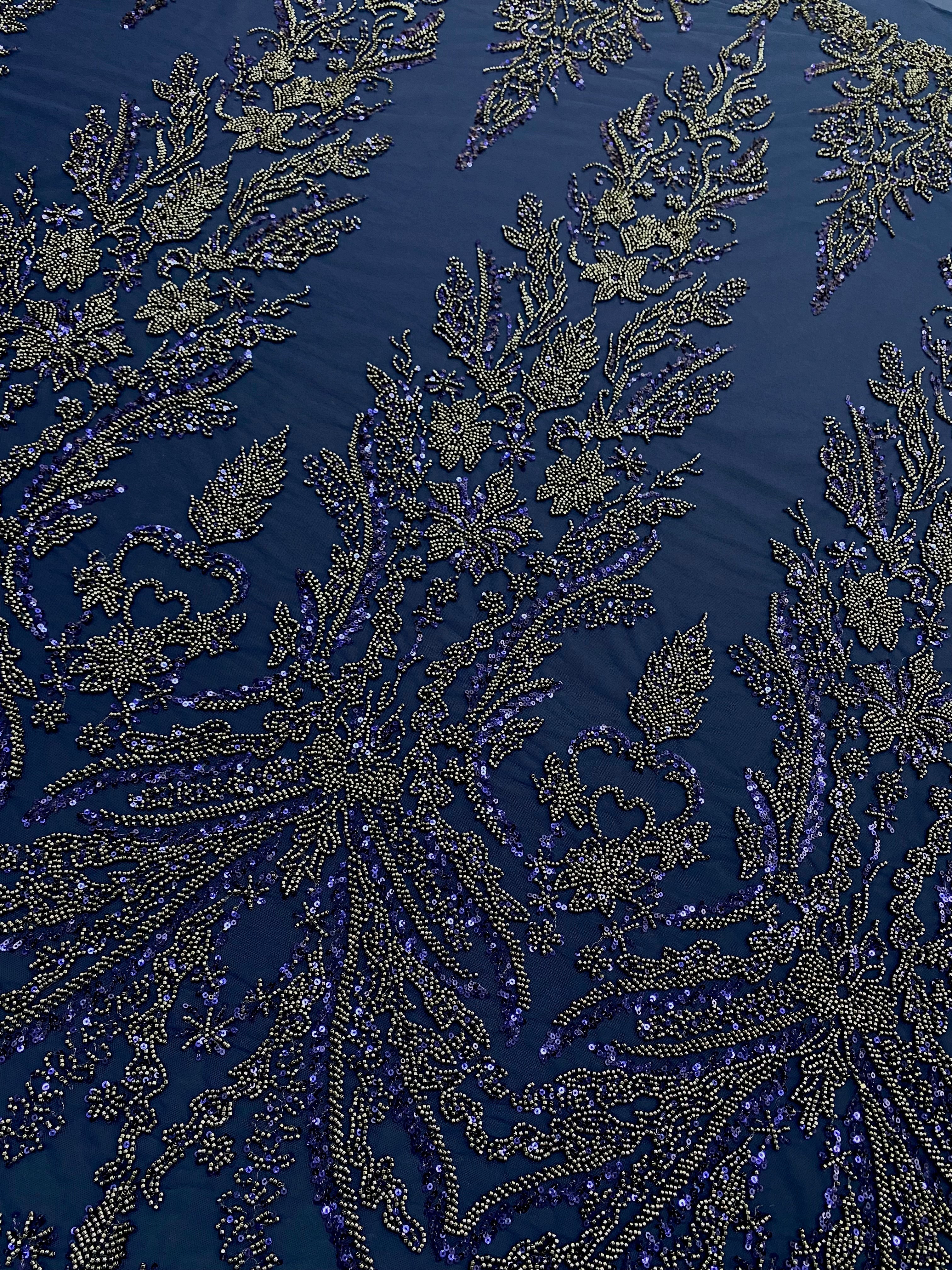 Dantela Couture Bleumarin cu Model Floral, cu Margele si Paiete