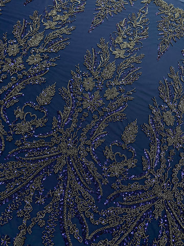 Dantela Couture Bleumarin cu Model Floral, cu Margele si Paiete