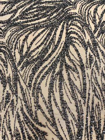 Dantela Couture Neagra cu Model Geometric, cu Perle, Margele si Paiete