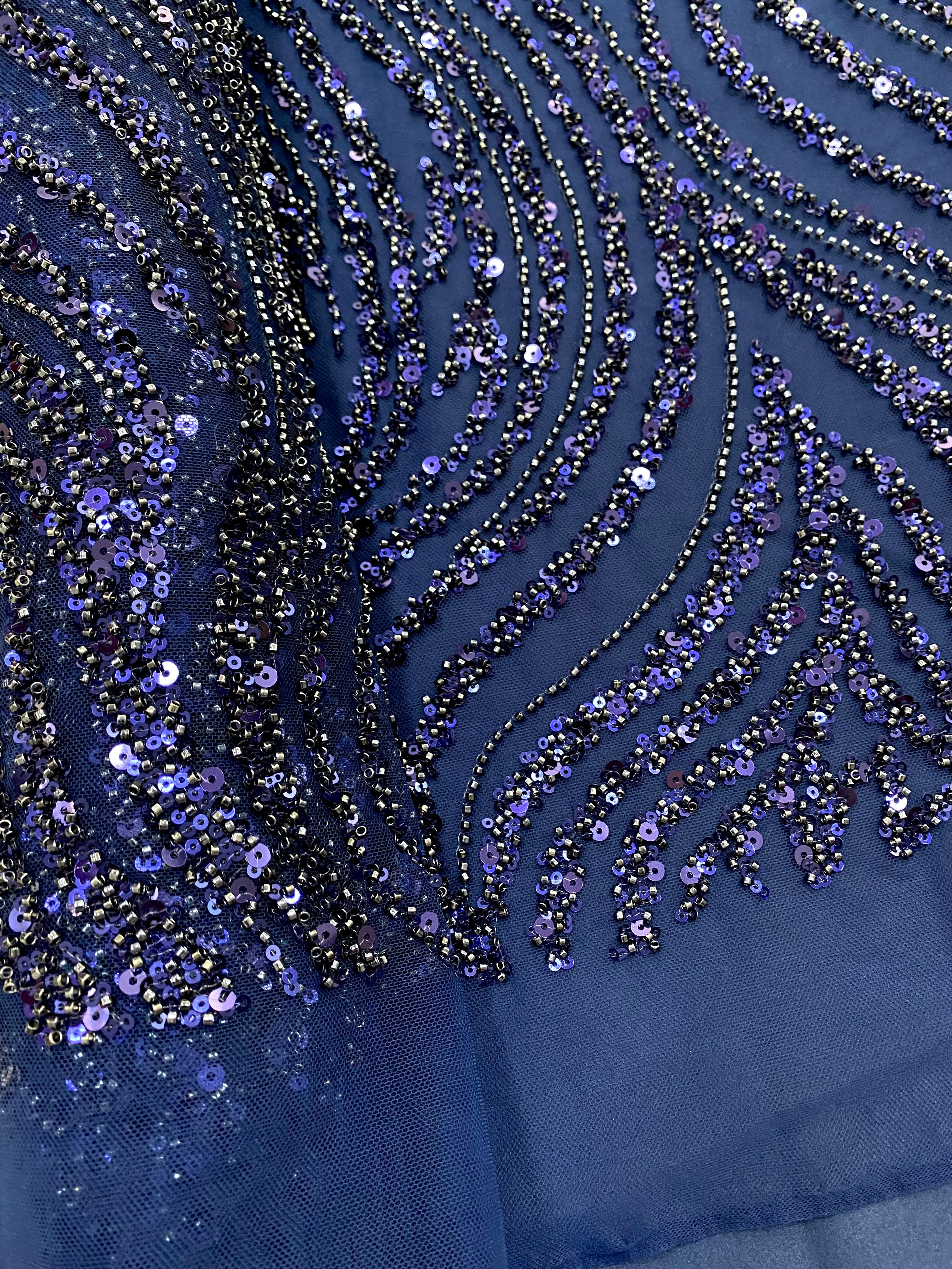 Dantela Couture Bleumarin cu Model Liniar, cu Margele si Paiete