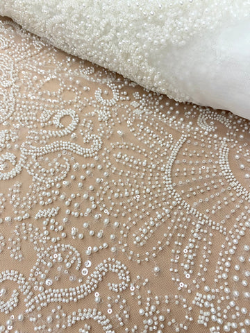 Dantela Couture Ivory cu Model Geometric, cu Perle, Margele si Paiete
