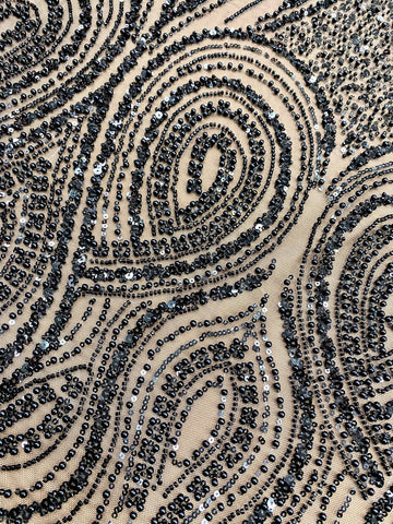 Dantela Couture Neagra cu Model Geometric, cu Perle, Margele si Paiete