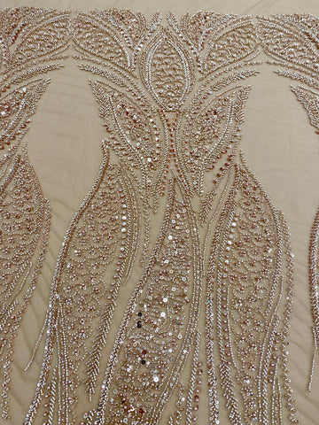 Dantela Couture Auriu Rose cu Panou, cu Perle, Margele si Paiete