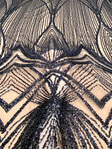 Dantela Couture Neagra cu Model Geometric, cu Perle, Margele si Paiete