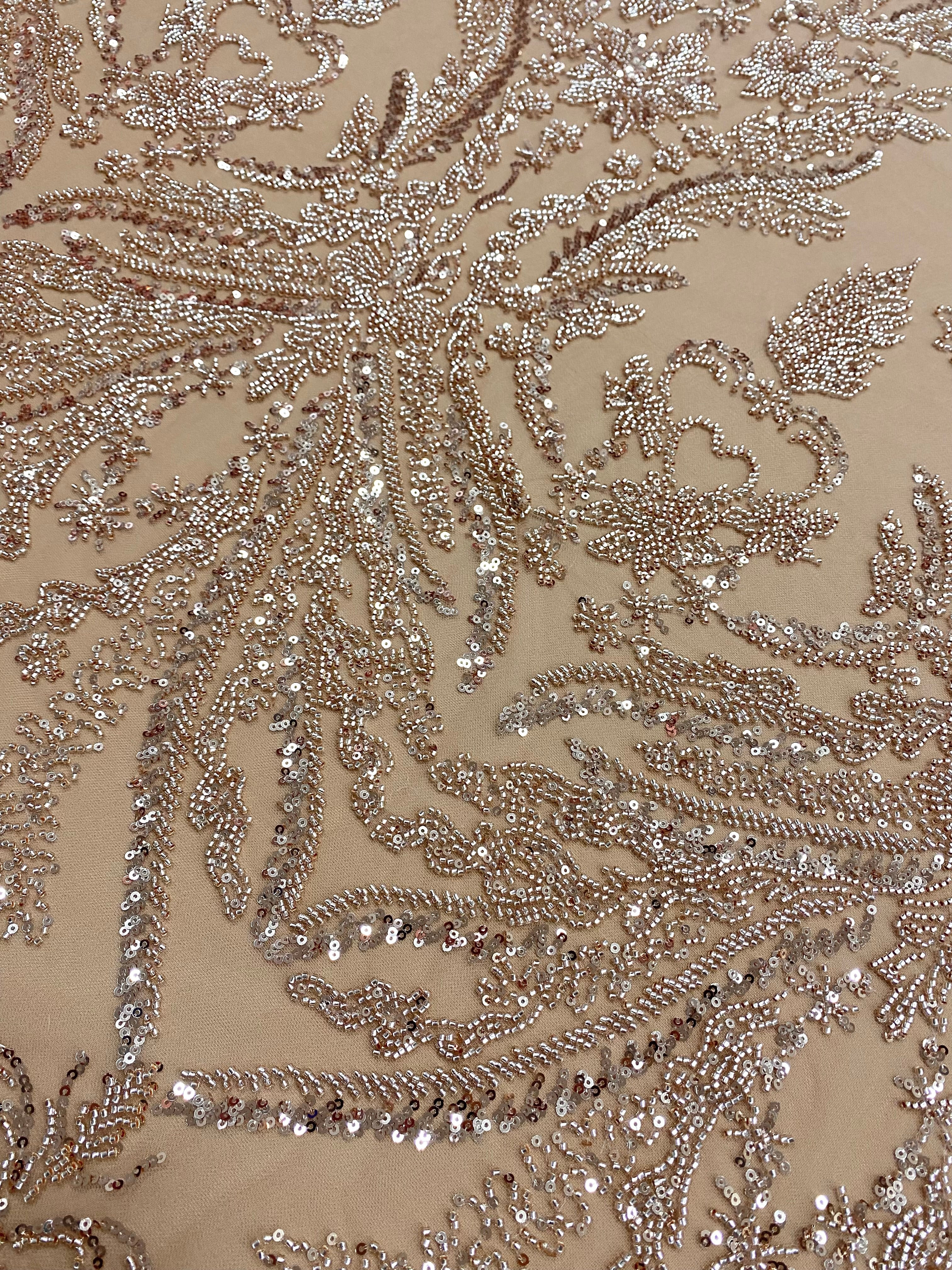 Dantela Couture Auriu Rose cu Model Floral, cu Margele si Paiete