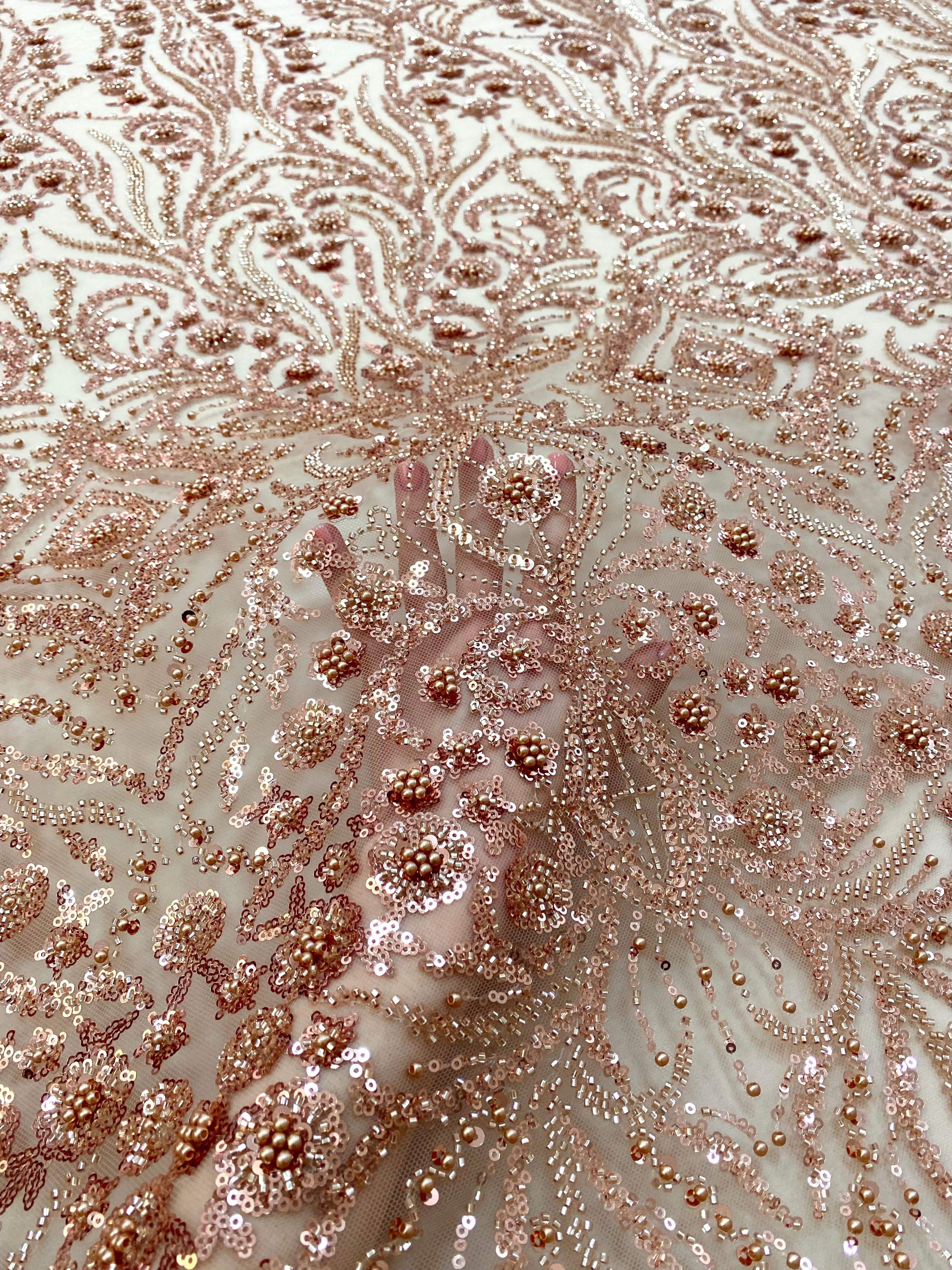 Dantela Couture Auriu Rose cu Model Floral Simetric, cu Perle, Margele si Paiete