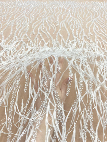 Dantela Couture Ivory cu Pene de Strut, cu Siraguri, cu Margele si Paiete