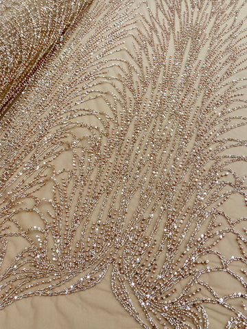 Dantela Couture Auriu Rose cu Model Liniar, cu Margele si Paiete