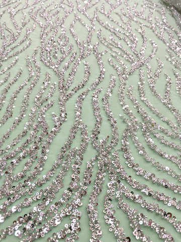 Dantela Couture Argintie pe Tulle Verde Menta cu Siraguri, cu Margele si Paiete