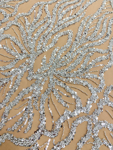 Dantela Couture Argintie pe Tulle Nude cu Panou, cu Margele si Paiete