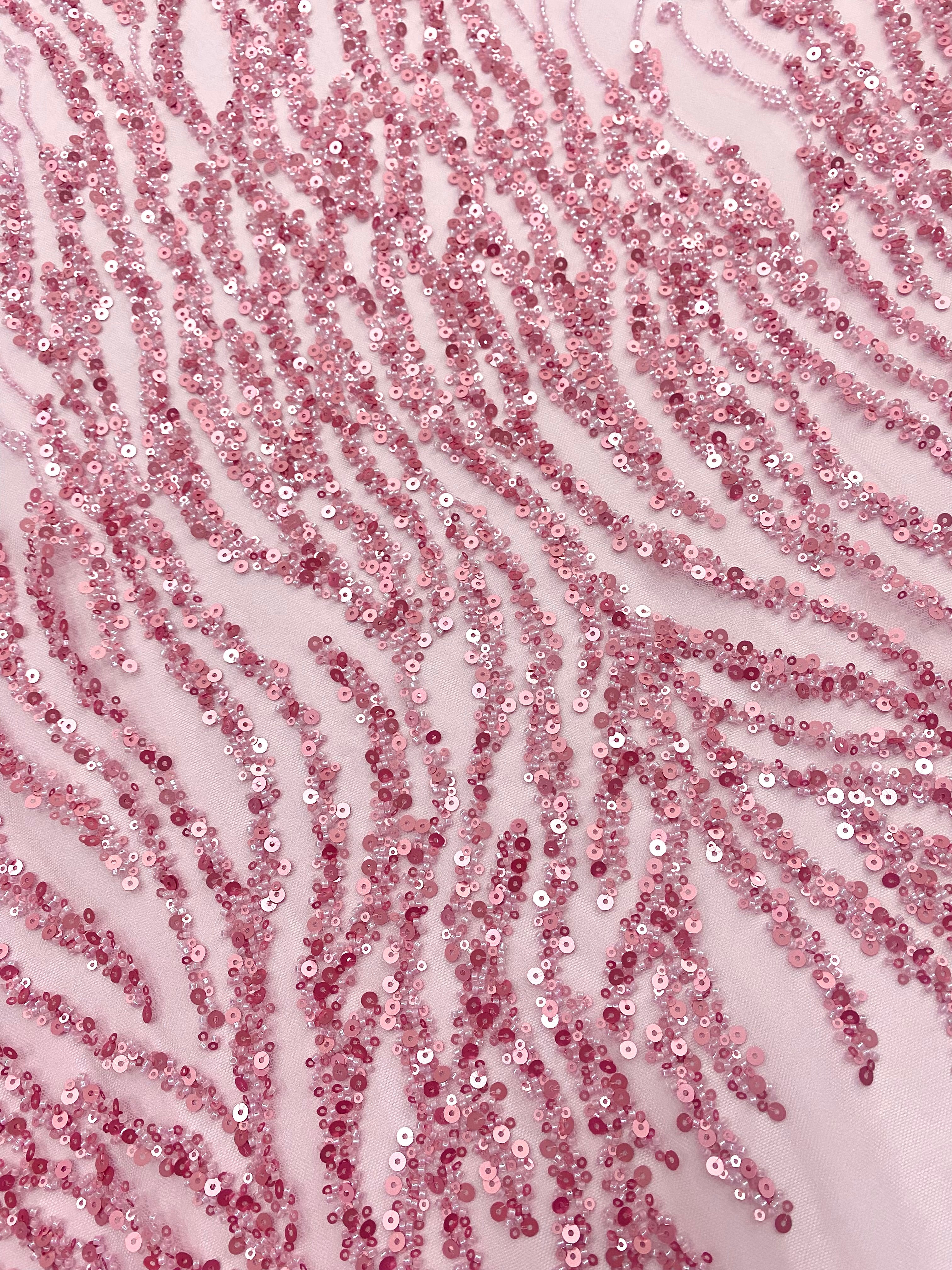 Dantela Couture Roz cu Siraguri, cu Margele si Paiete