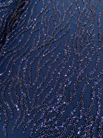 Dantela Couture Bleumarin cu Siraguri, cu Margele si Paiete