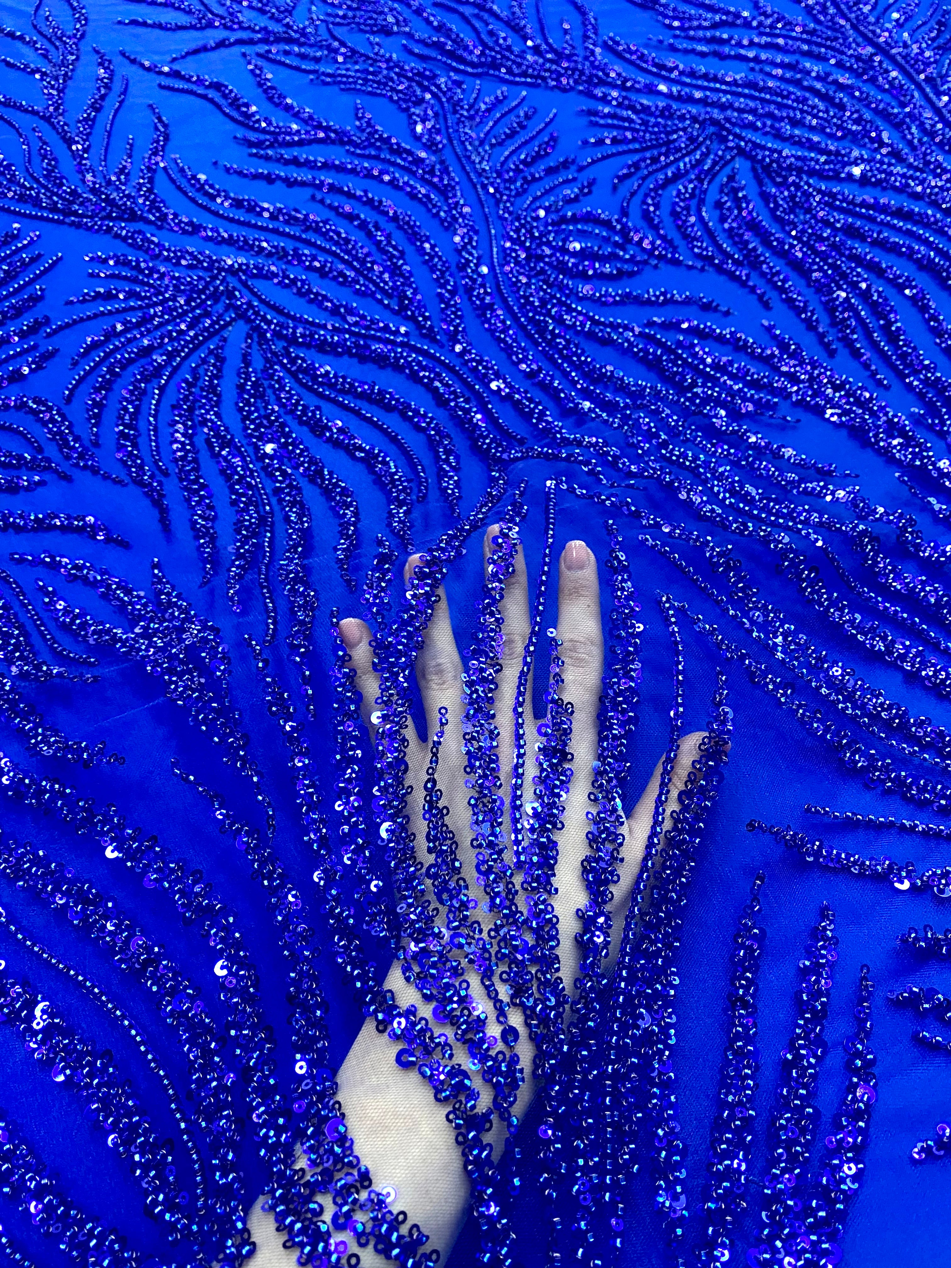 Dantela Couture Albastru Royal cu Model Liniar, cu Margele si Paiete