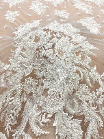 Dantela Couture Ivory cu Model Floral, cu Perle si Paiete