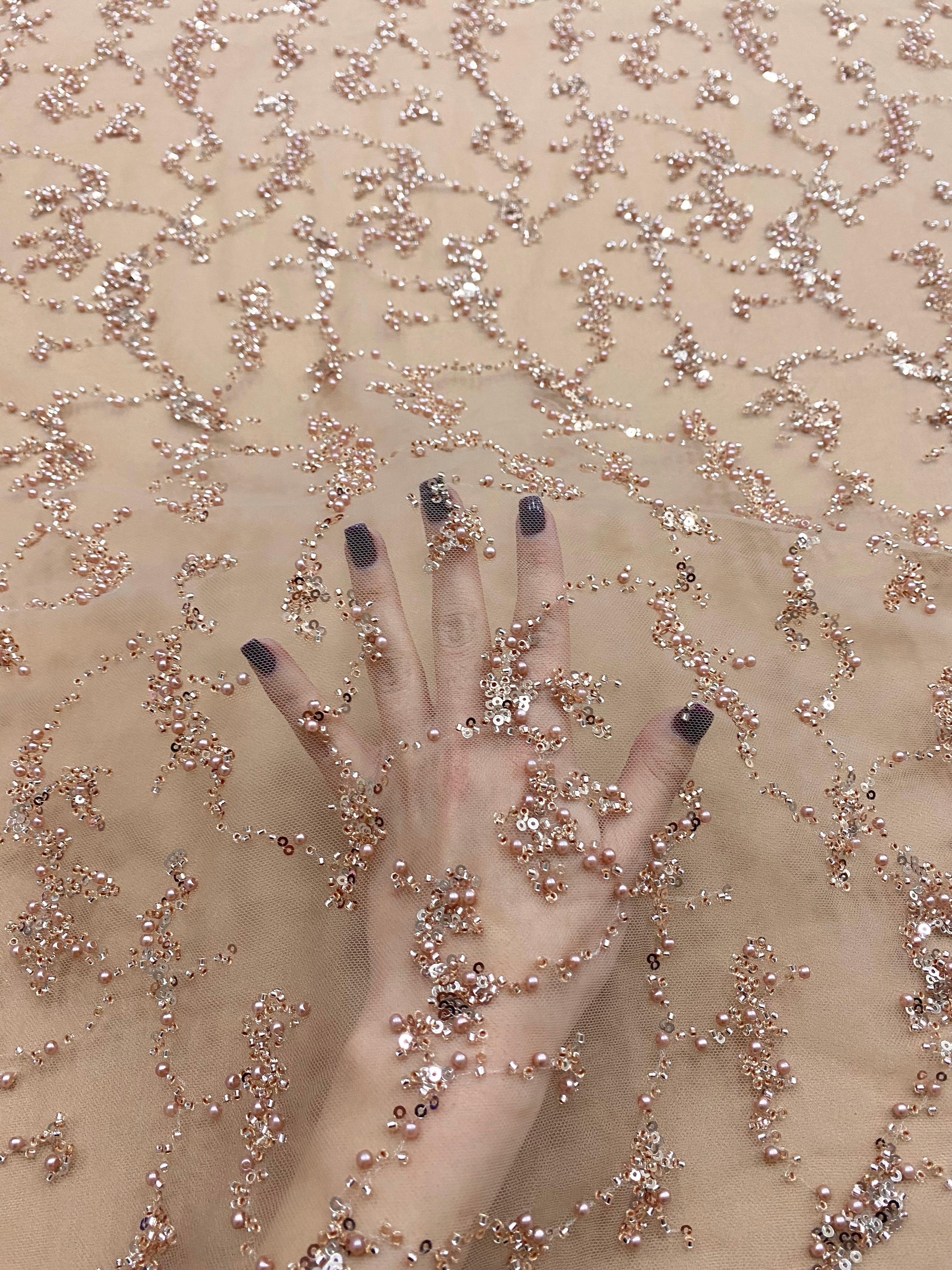 Dantela Couture Auriu Rose cu Perle, Margele si Paiete