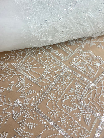 Dantela Couture Ivory cu Model Geometric, cu Margele si Paiete