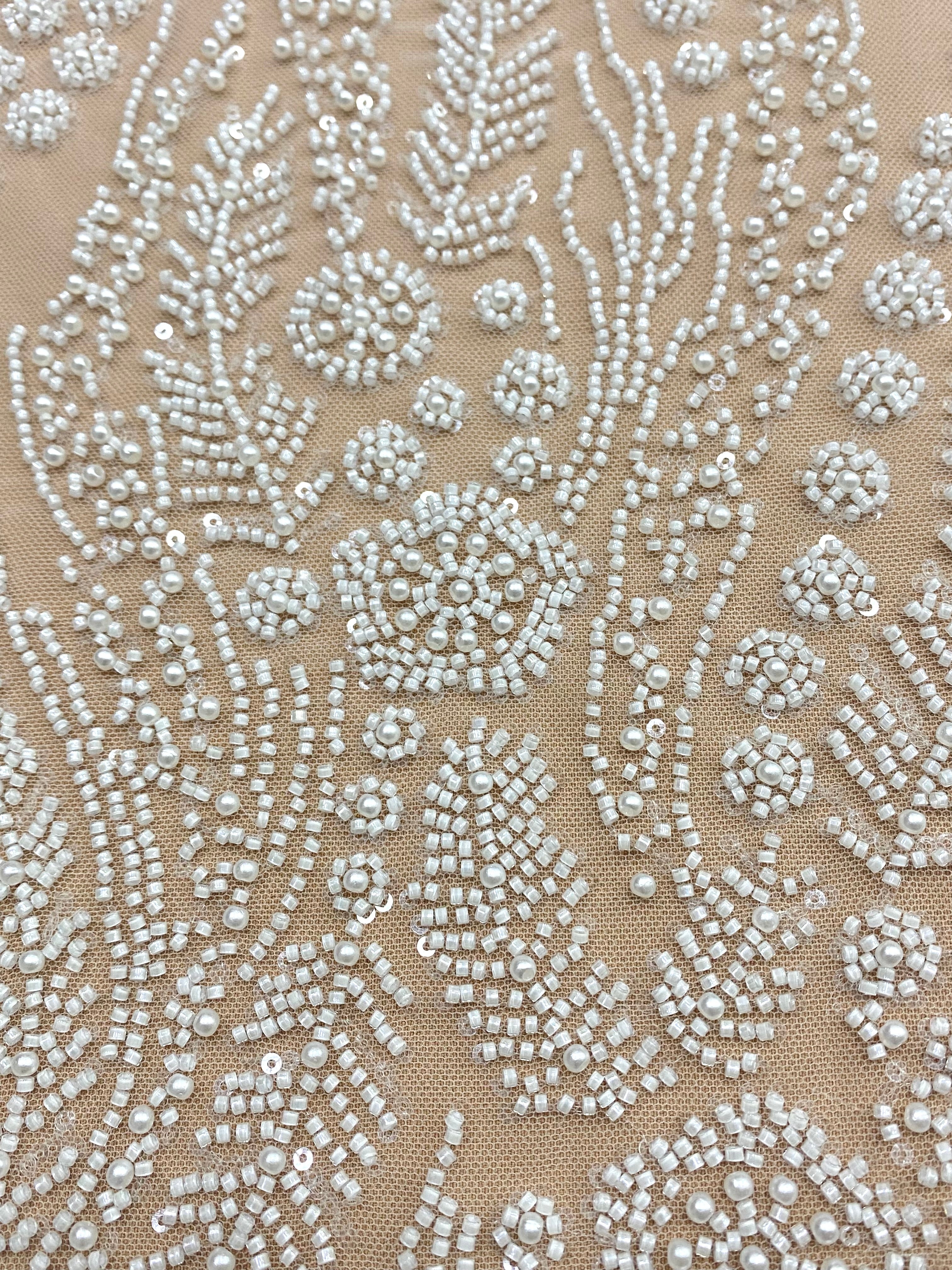 Dantela Couture Ivory cu Model Floral, Perle, Margele si Paiete