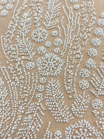 Dantela Couture Ivory cu Model Floral, Perle, Margele si Paiete