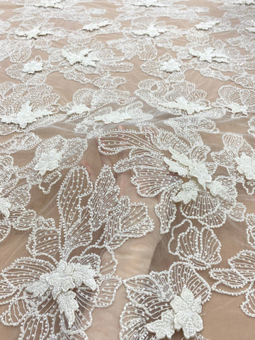 Dantela Couture 3D cu Flori Ivory, cu Margele si Paiete