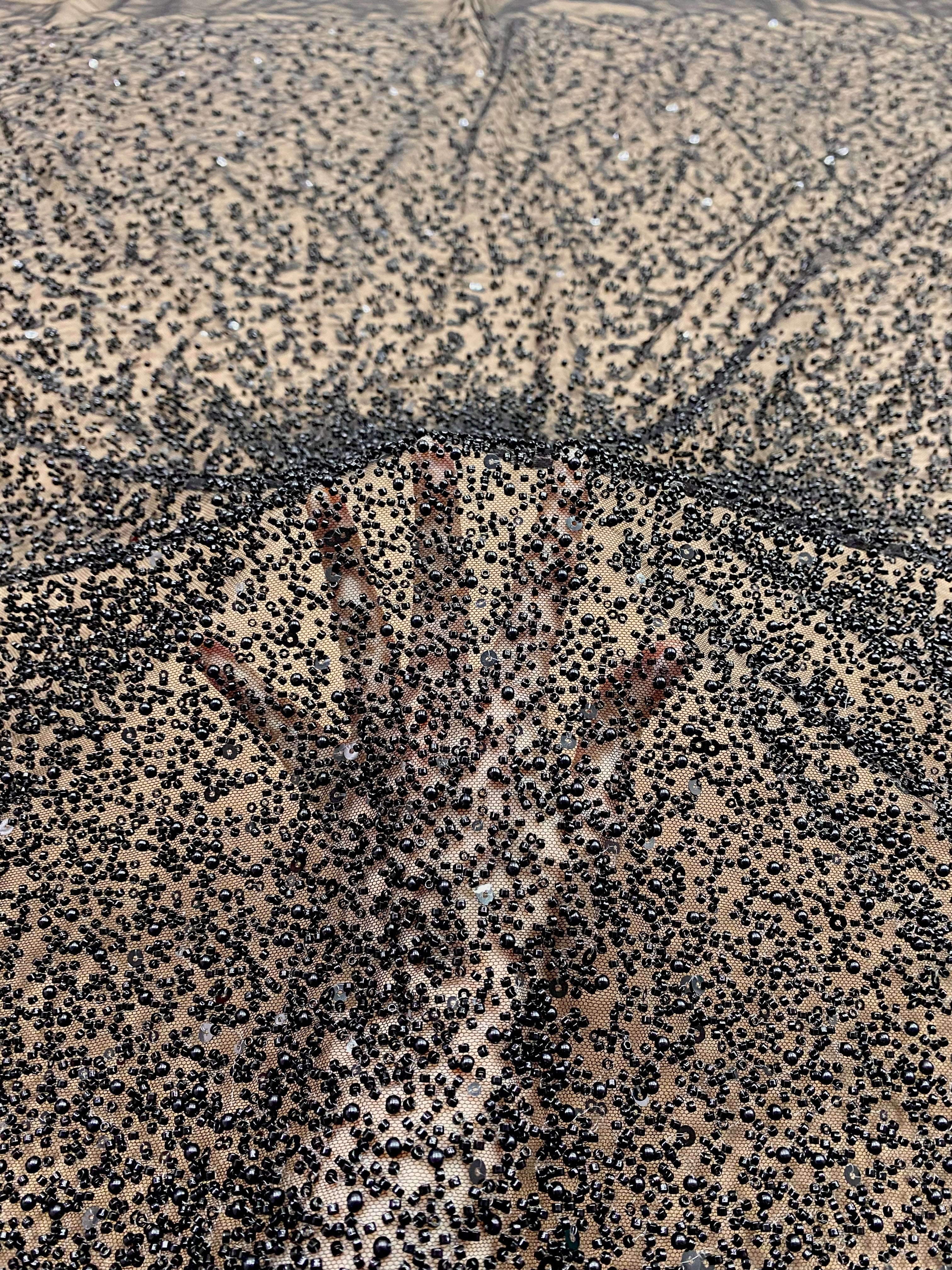 Dantela Couture Neagra in Degrade, cu Perle, Margele si Paiete