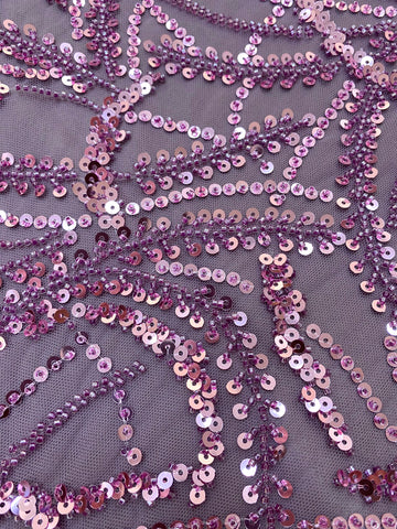 Dantela Couture Pudra cu Model Geometric, Margele si Paiete