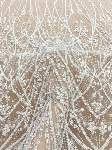 Dantela Couture Ivory cu Model Geometric, cu Perle, Margele si Paiete