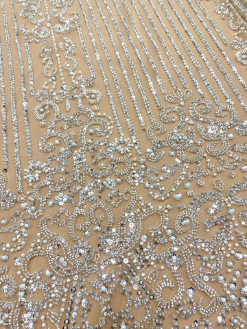 Dantela Couture Argintie pe Tulle Nude cu Model Geometric, cu Perle, Margele si Paiete
