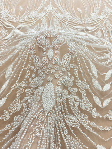 Dantela Couture Ivory cu Model Geometric, cu Perle, Margele si Paiete