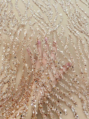 Dantela Couture Auriu Rose cu Siraguri, cu Margele si Paiete