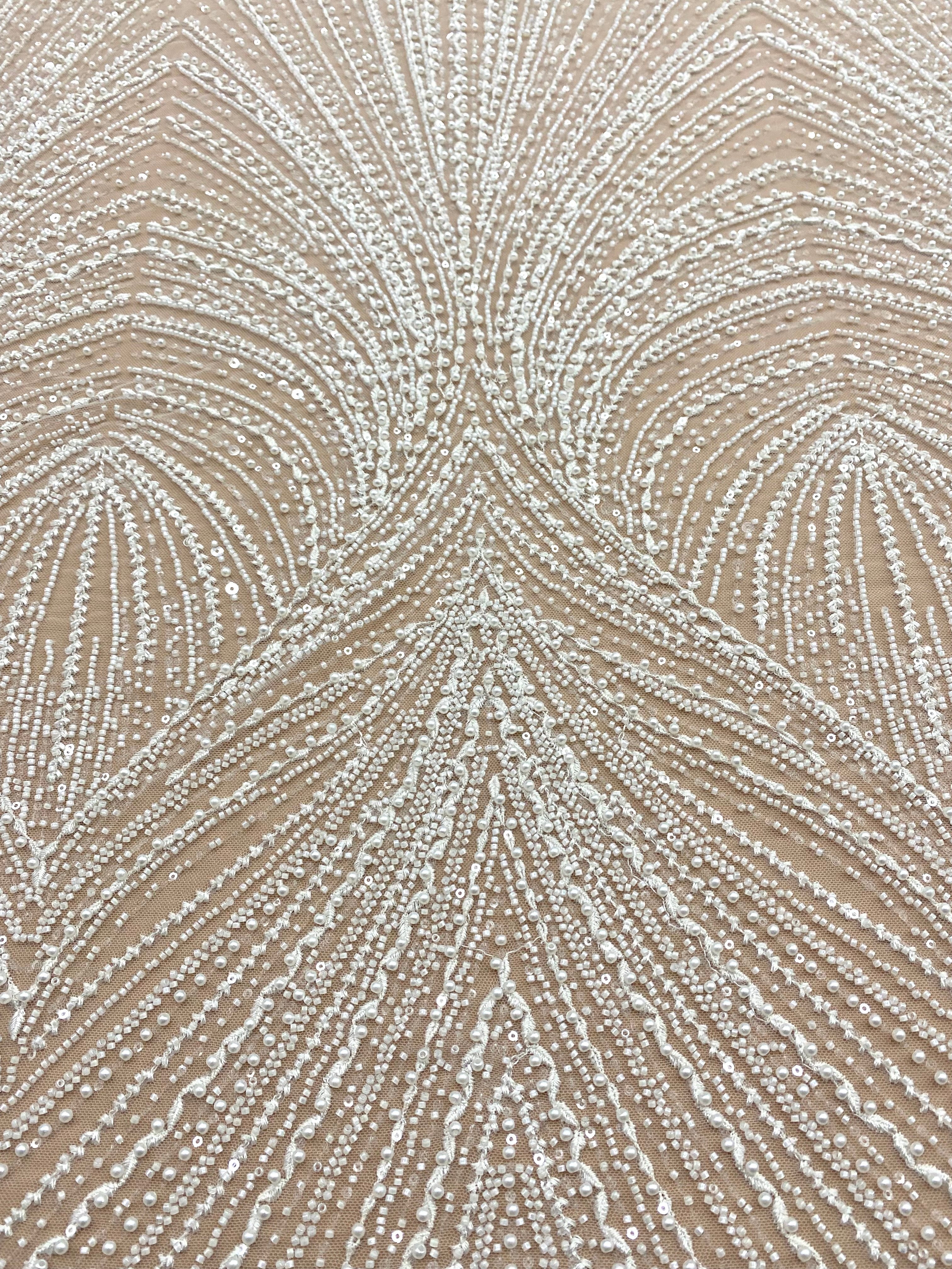 Dantela Couture Ivory cu Model Geometric, cu Perle, Margele si Paiete