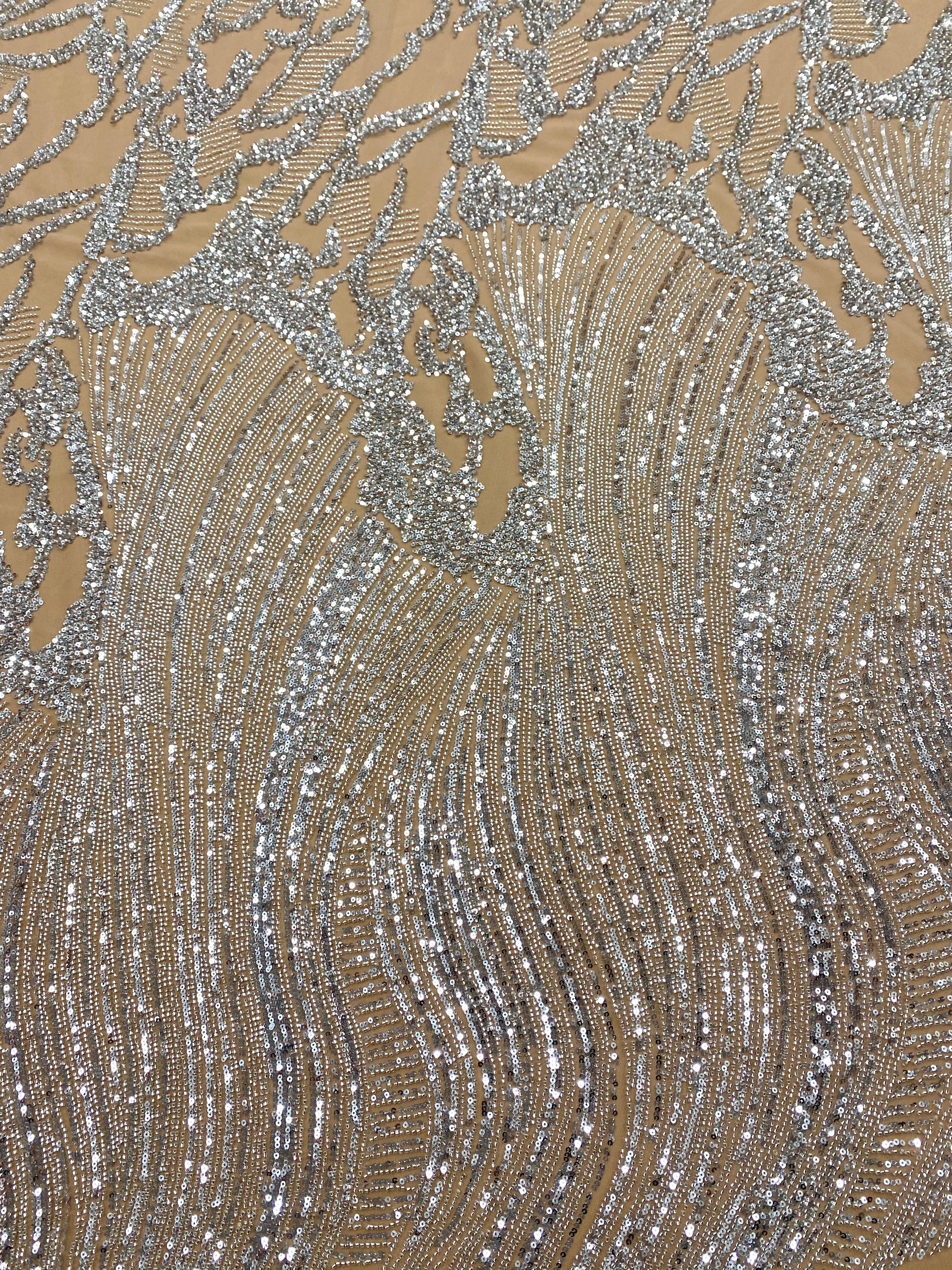 Dantela Couture Argintie pe Tulle Nude cu Model Geometric, cu Margele si Paiete