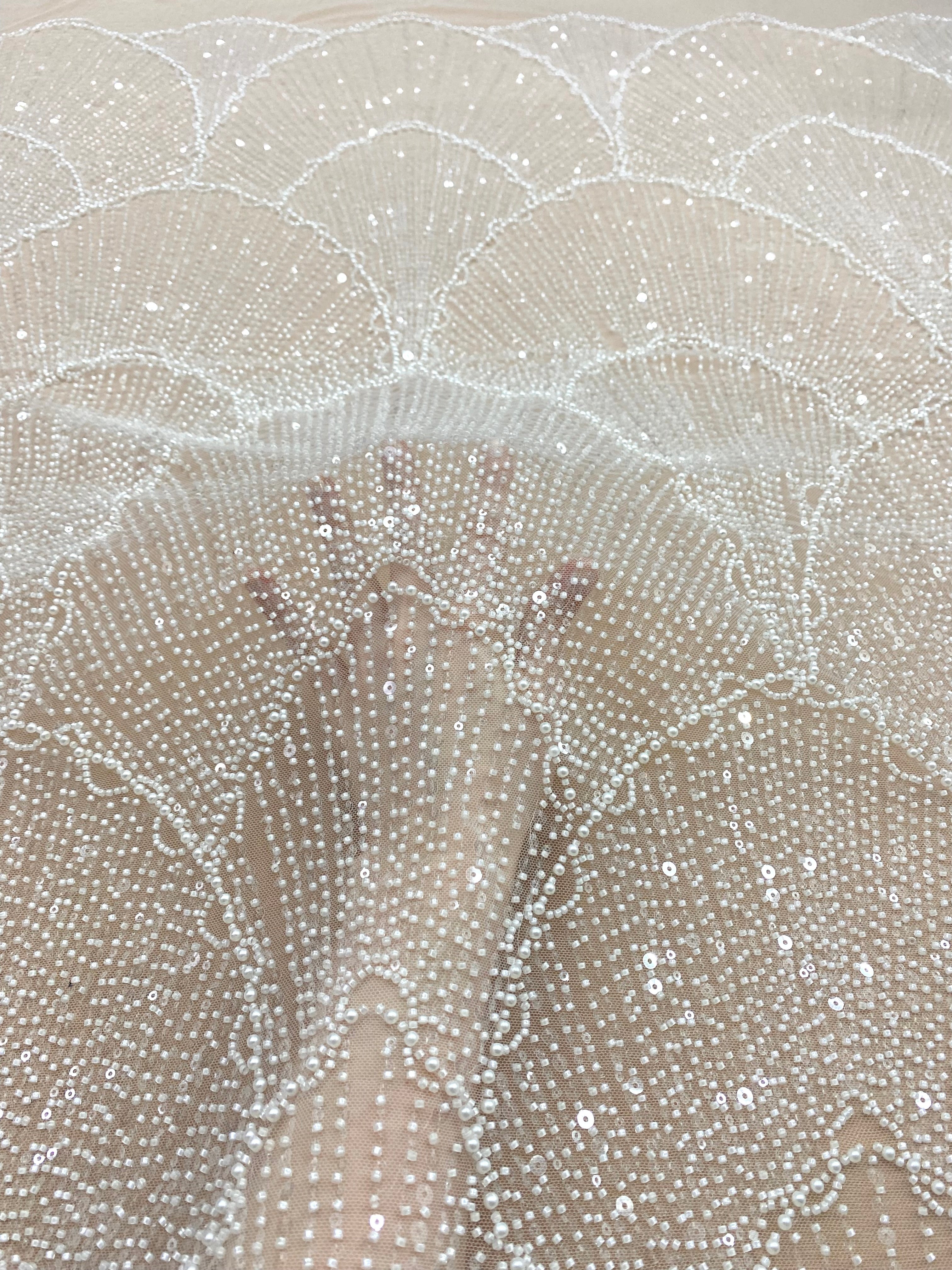 Dantela Couture Ivory cu Model Geometric, cu Perle, Margele si Paiete