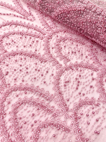 Dantela Couture Roz cu Model Geometric, cu Perle, Margele si Paiete