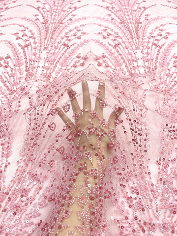 Dantela Couture Roz cu Model Geometric, cu Perle, Margele si Paiete
