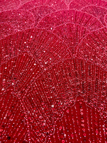 Dantela Couture Rosie cu Model Geometric, cu Perle, Margele si Paiete