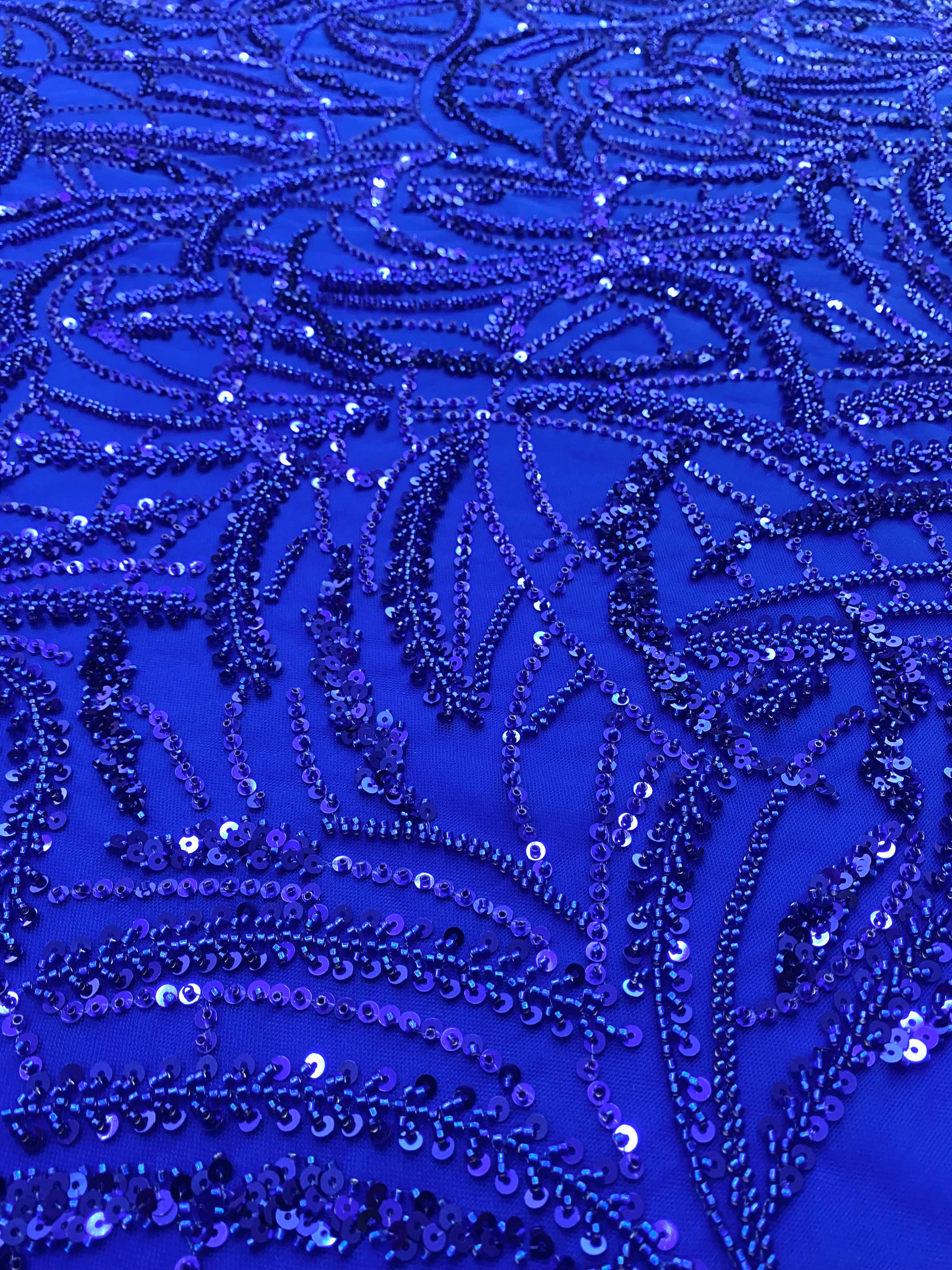 Dantela Couture Albastru Royal cu Model Geometric, Margele si Paiete