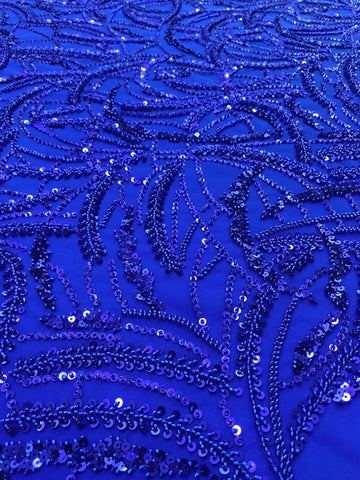 Dantela Couture Albastru Royal cu Model Geometric, Margele si Paiete