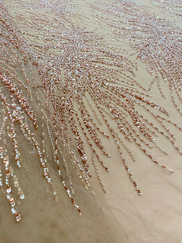 Dantela Couture Auriu Rose cu Model Liniar, cu Perle, Margele si Paiete