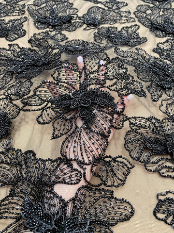 Dantela Couture 3D cu Flori Neagra cu Margele si Paiete