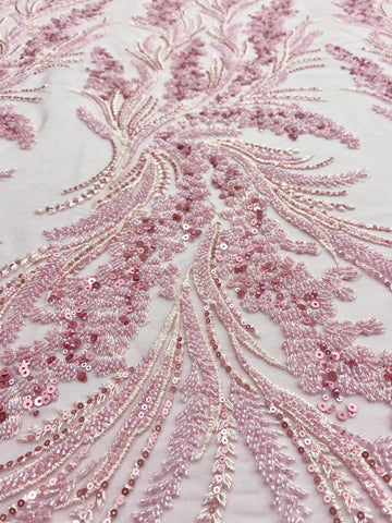 Dantela Couture Roz cu Model Floral cu Perle, Margele si Paiete