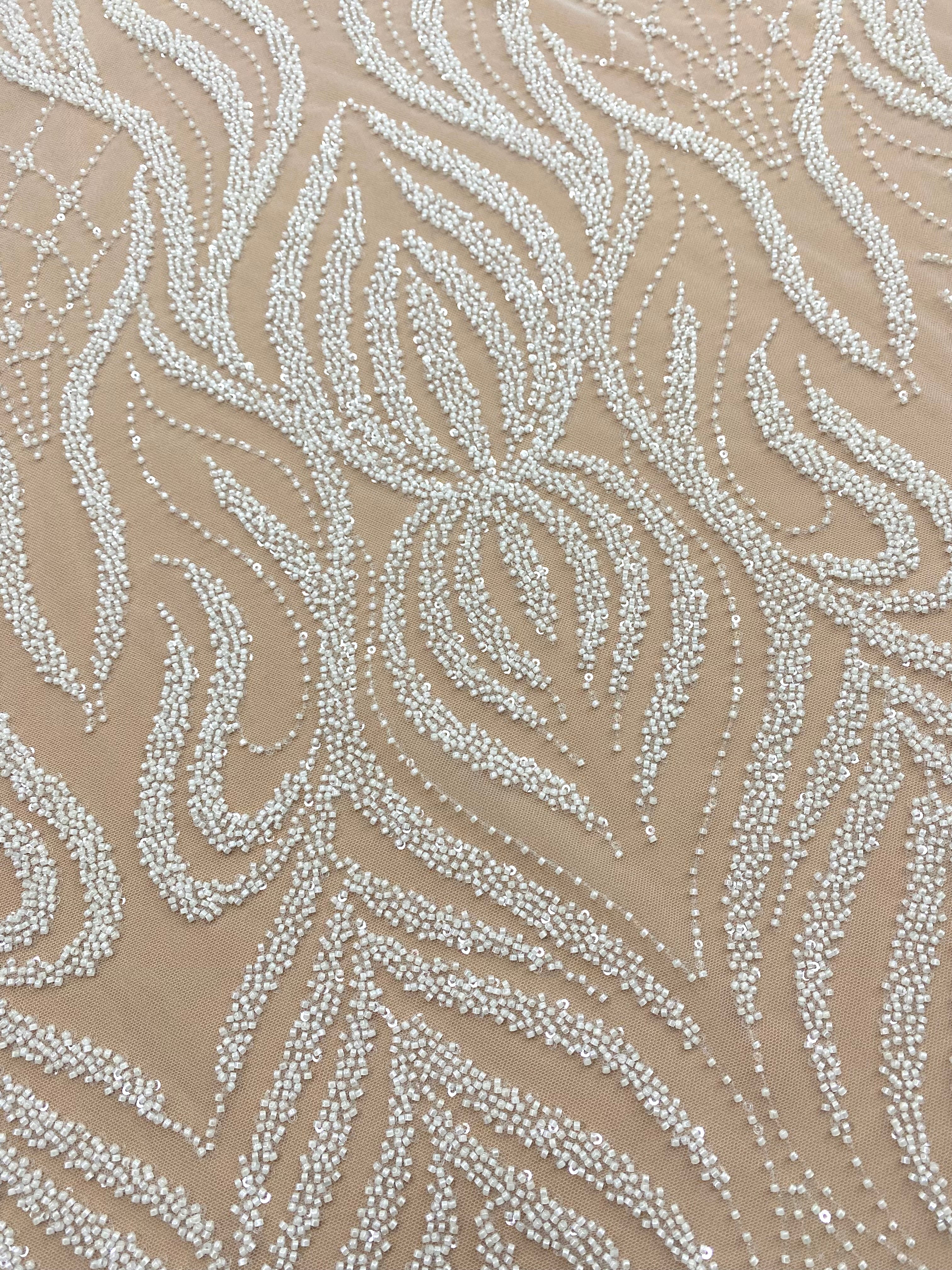 Dantela Couture Ivory cu Model Geometric, cu Margele si Paiete