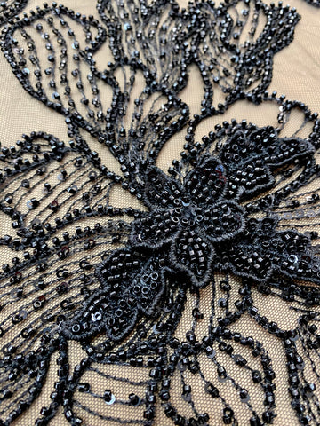 Dantela Couture 3D cu Flori Neagra cu Margele si Paiete